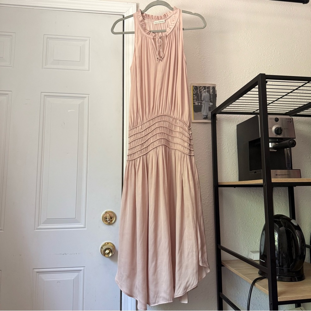 Ulla Johnson‎ blush rose pink peach satin smocked elastic stretch waist midi